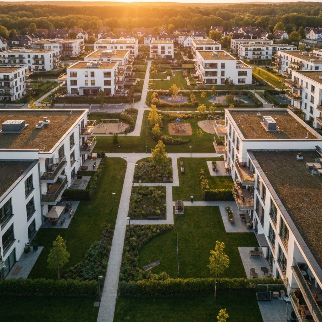 Luftaufnahme einer modernen Wohnanlage mit begrünten Innenhöfen im Abendlicht