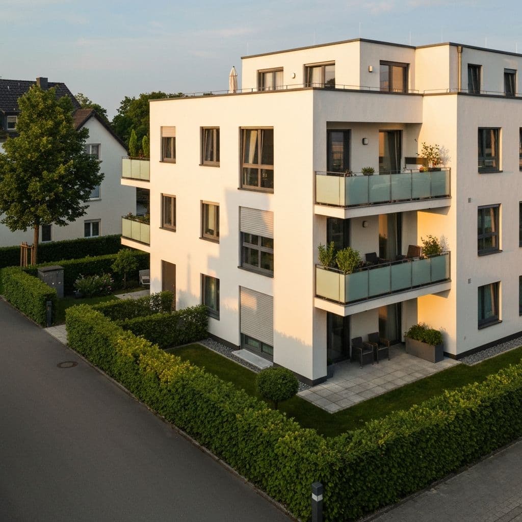 Modernes weißes Mehrfamilienhaus mit Flachdach, Balkonen mit Glasgeländer und gepflegtem Vorgarten in Wohngebiet